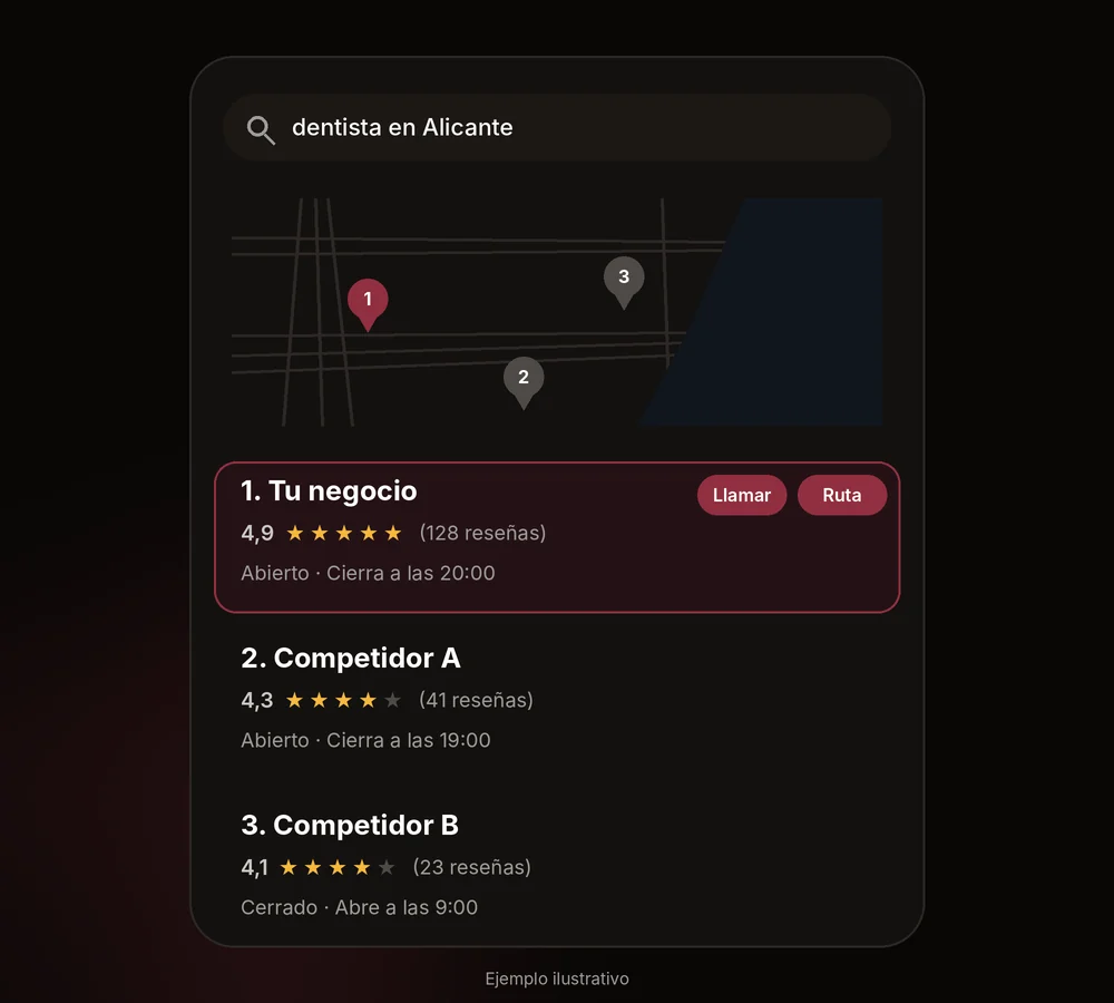 Ejemplo de resultados de Google Maps con un negocio de Alicante en el top 3 Ejemplo de resultados de Google Maps con un negocio de Alicante en el top 3